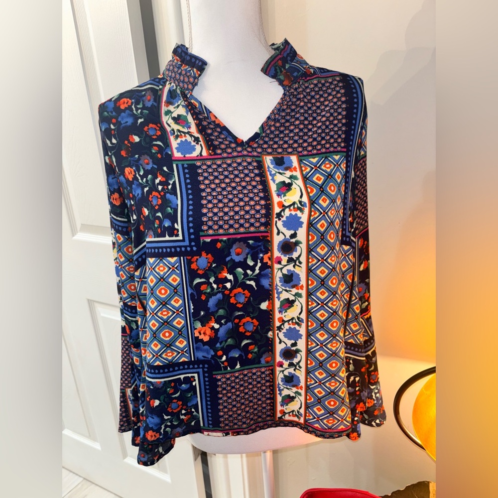 hazel Navy Patchwork Floral V-Neck Tunic with Orange Accents